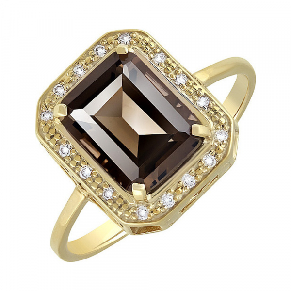 Серебряное кольцо с раухтопазом, фианитом и золотым покрытием № 132906