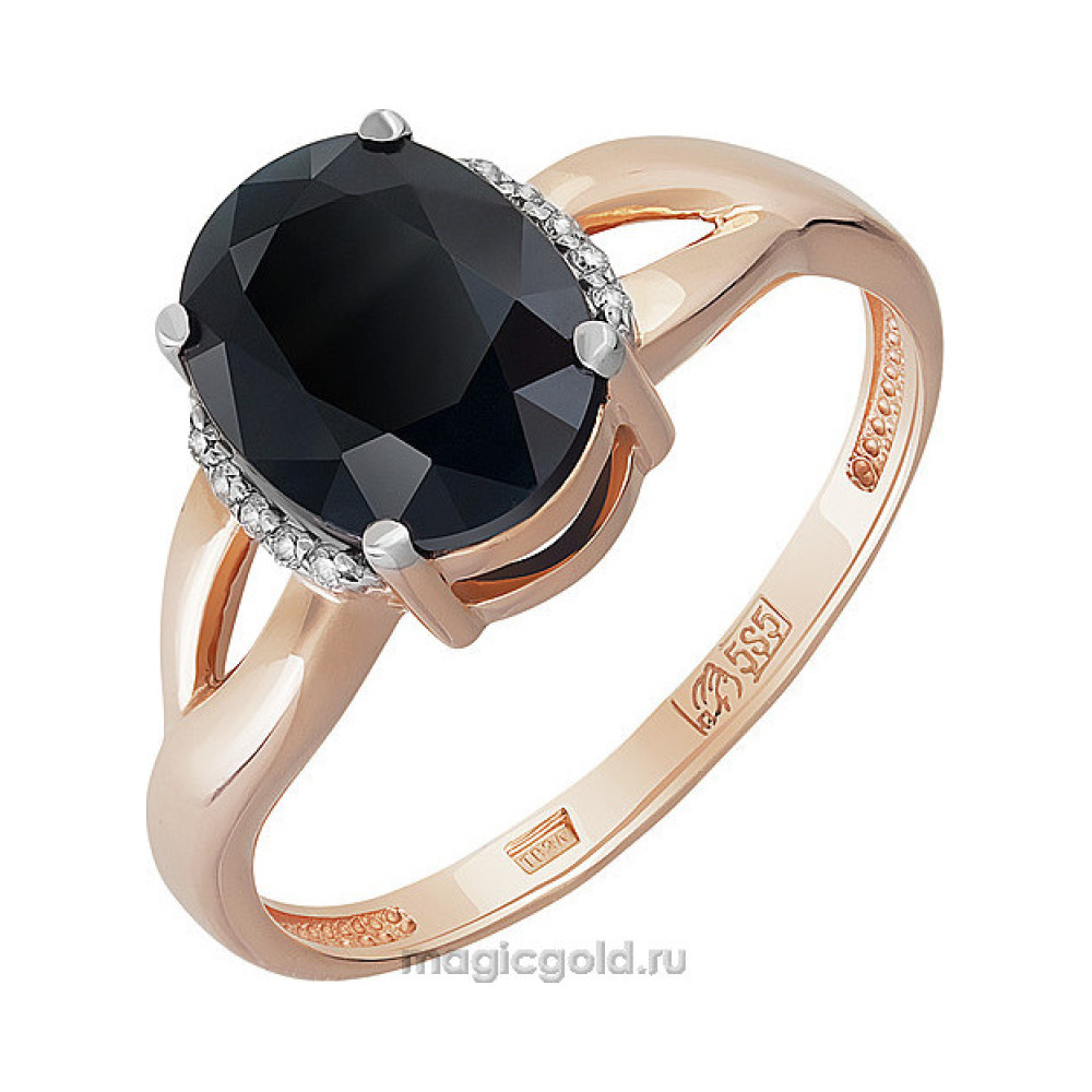 Золотое кольцо с бриллиантом и чёрным сапфиром № 158882