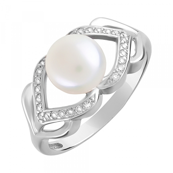 Серебряное кольцо с жемчугом и фианитом № 124696