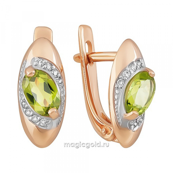 Золотые серьги с хризолитом и фианитом № 158980