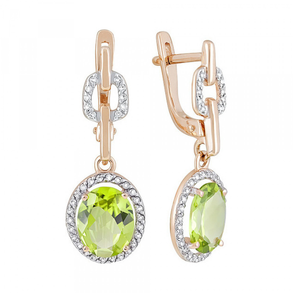 Золотые серьги с хризолитом и фианитом № 126534