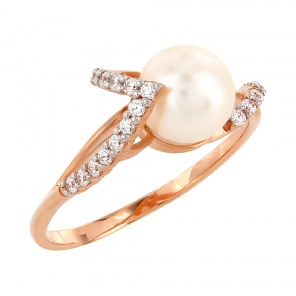 Золотое кольцо с жемчугом и фианитом № 104230