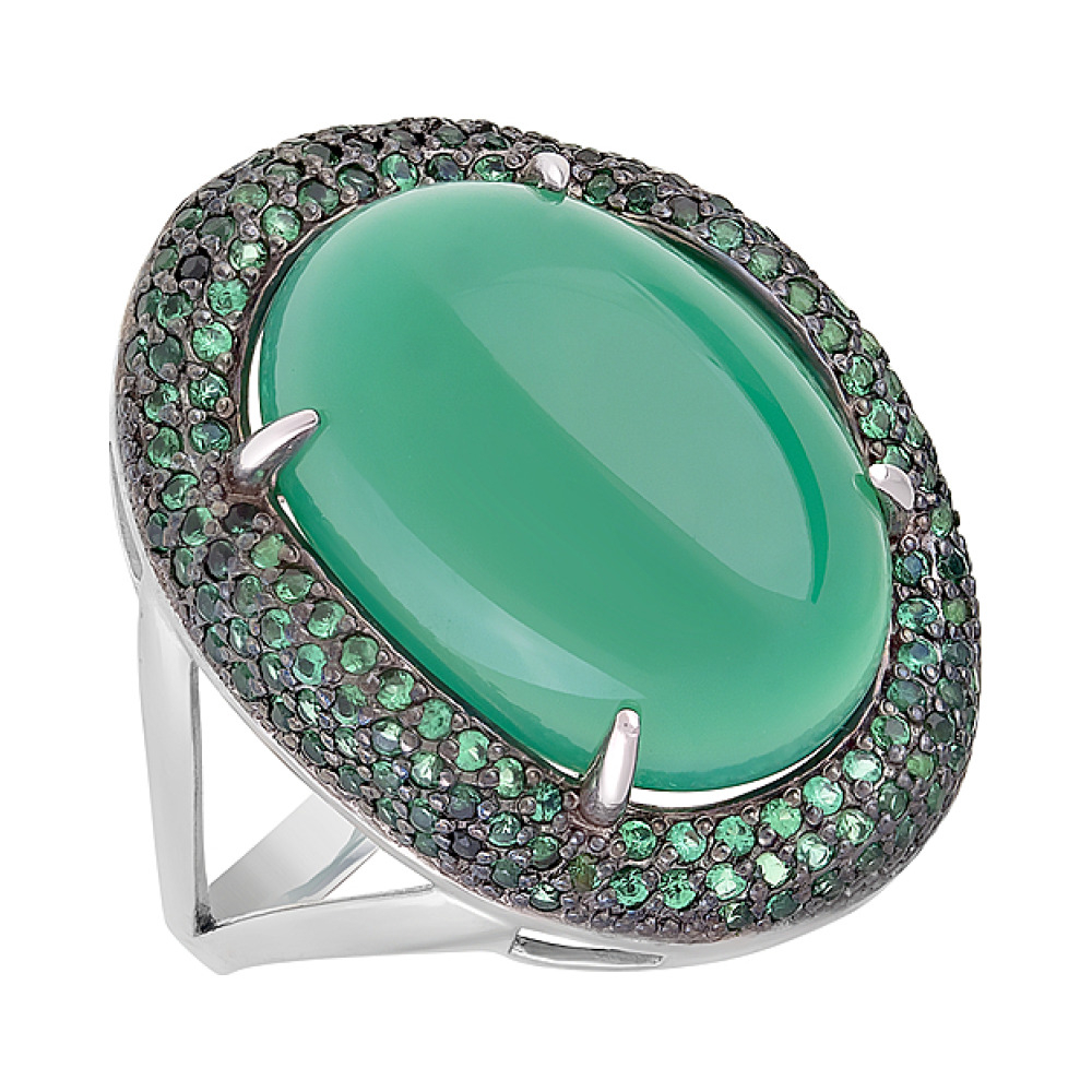 Серебряное кольцо с зелёным ониксом и фианитом № 128053