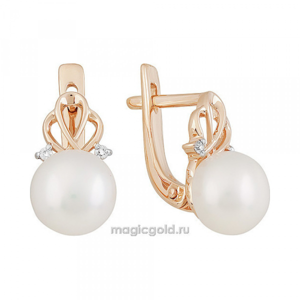 Золотые серьги с жемчугом и фианитом № 151362
