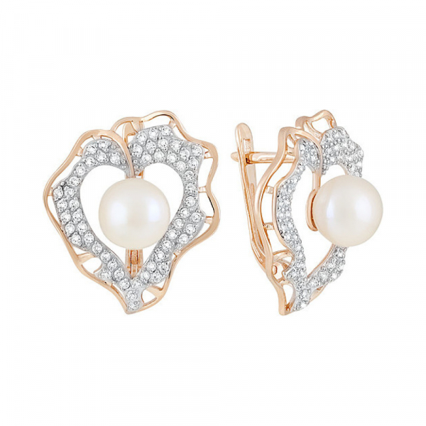 Золотые серьги с жемчугом и фианитом № 128866