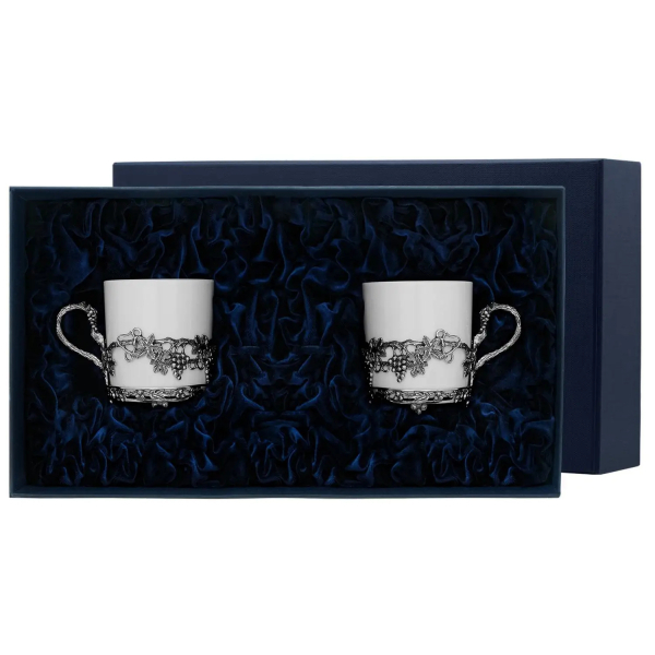 Набор кофейных чашек Виноград  в футляре из серебра 925 пробы