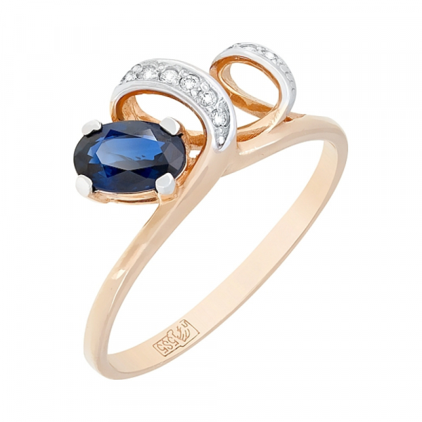 Золотое кольцо с бриллиантом и сапфиром № 96386