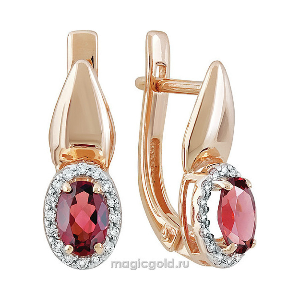 Золотые серьги с гранатом и фианитом № 142180