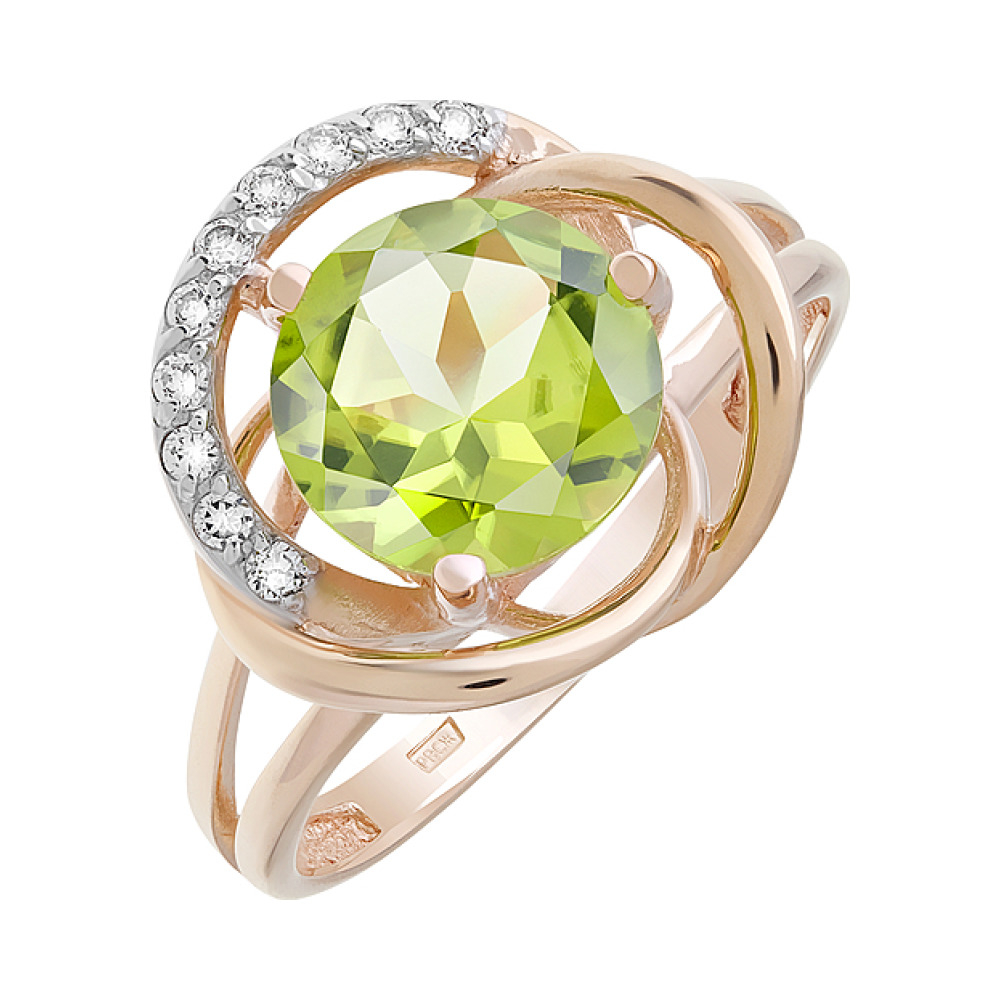 Золотое кольцо с хризолитом и фианитом № 122283