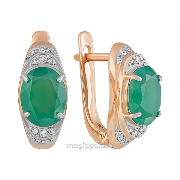 Золотые серьги с зеленым ониксом и фианитом № 162065