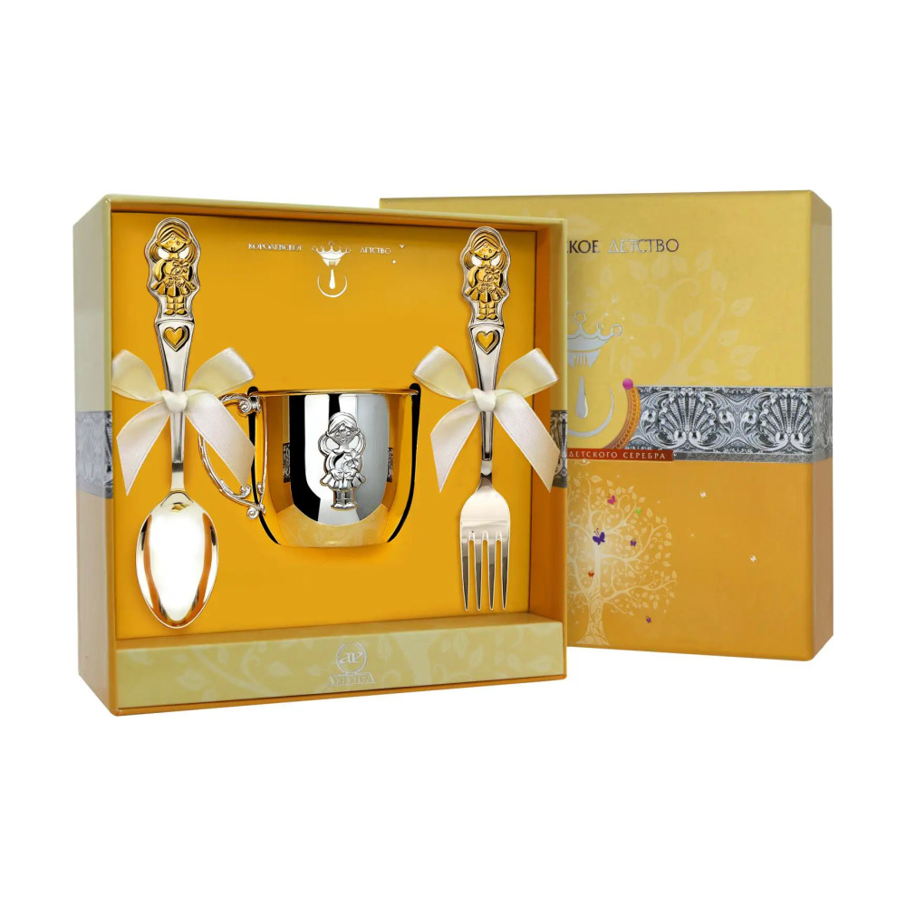 Набор детский КД Девочка: вилка, кружка, ложка с позолотой из серебра 925 пробы
