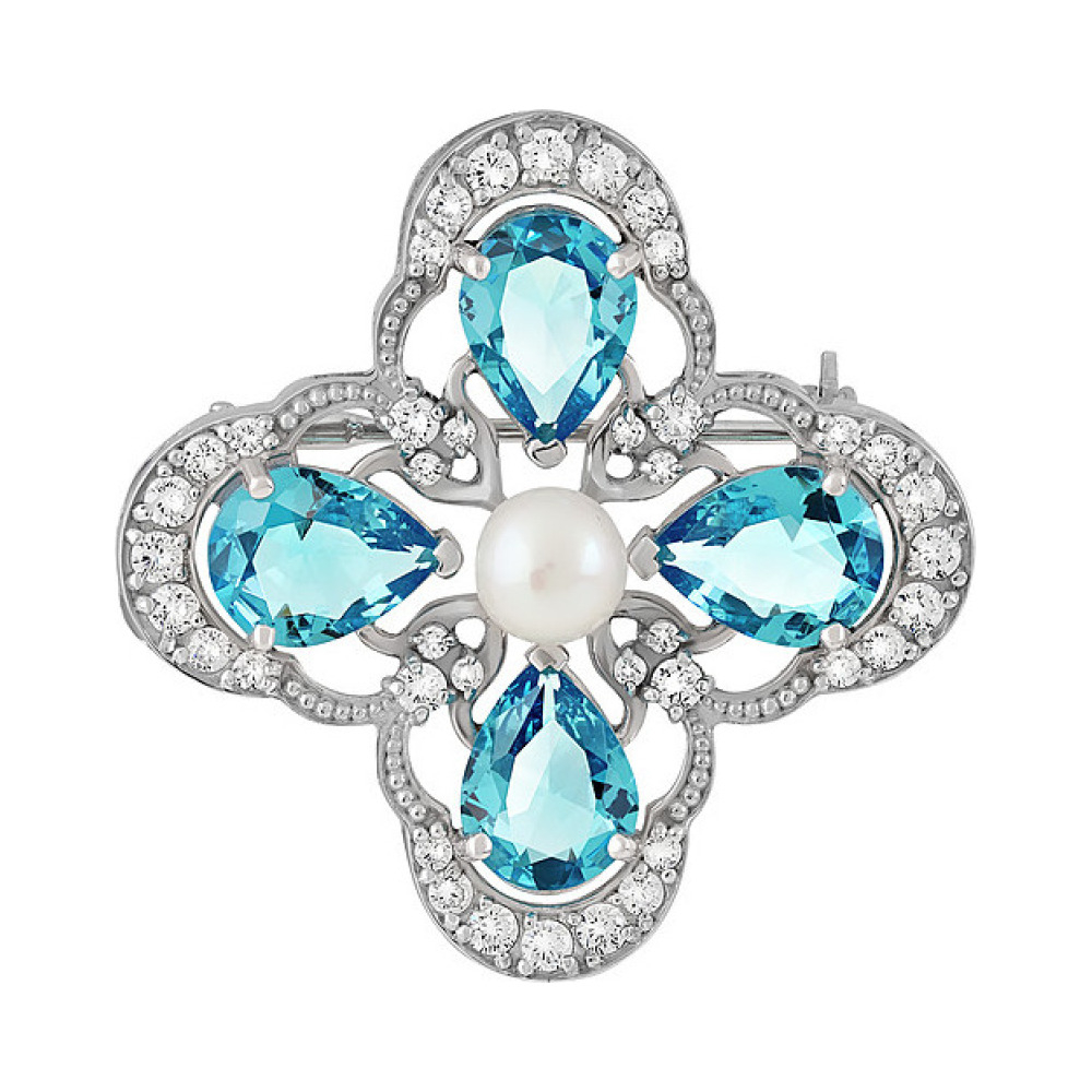 Серебряная брошь с алпанитом,жемчугом и фианитом № 135320