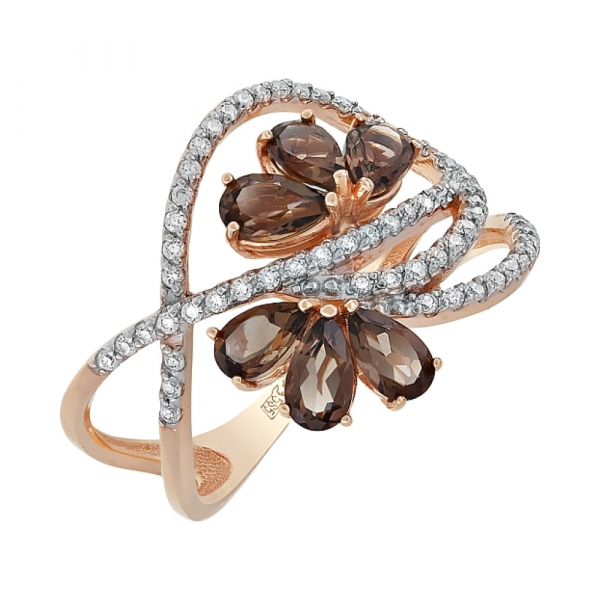 Золотое кольцо с раухтопазом и фианитом № 105457