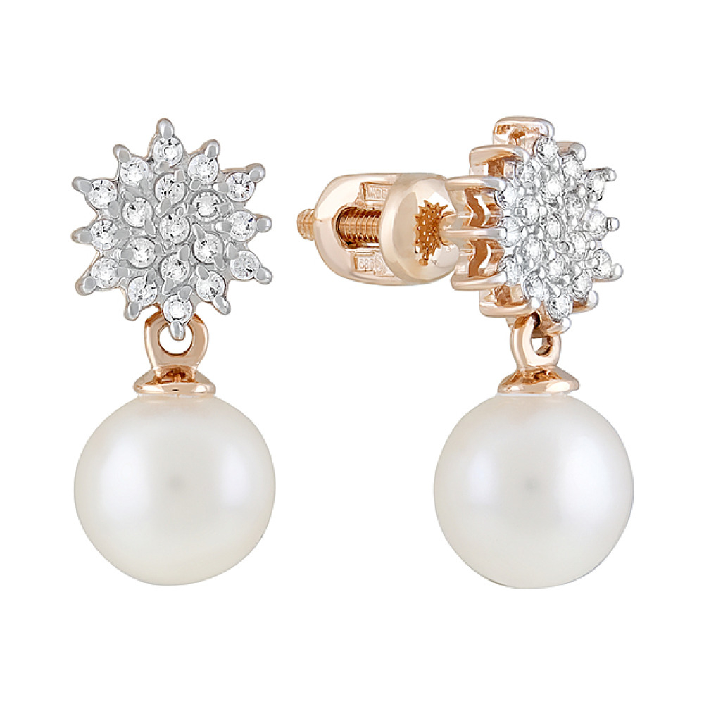 Золотые серьги с жемчугом и фианитом № 126351
