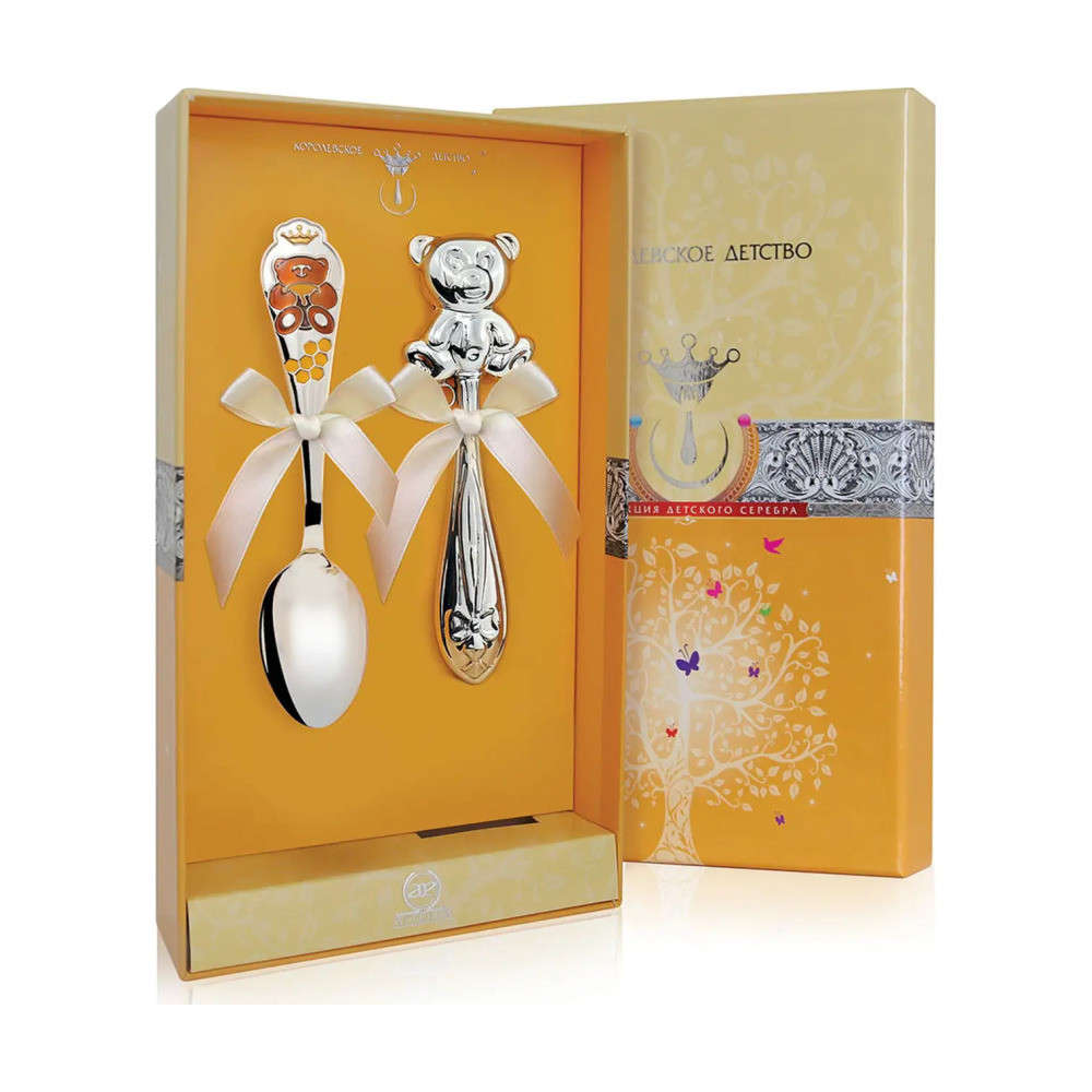 Набор для малышей Медвежонок: ложка и погремушка из серебра 925 пробы