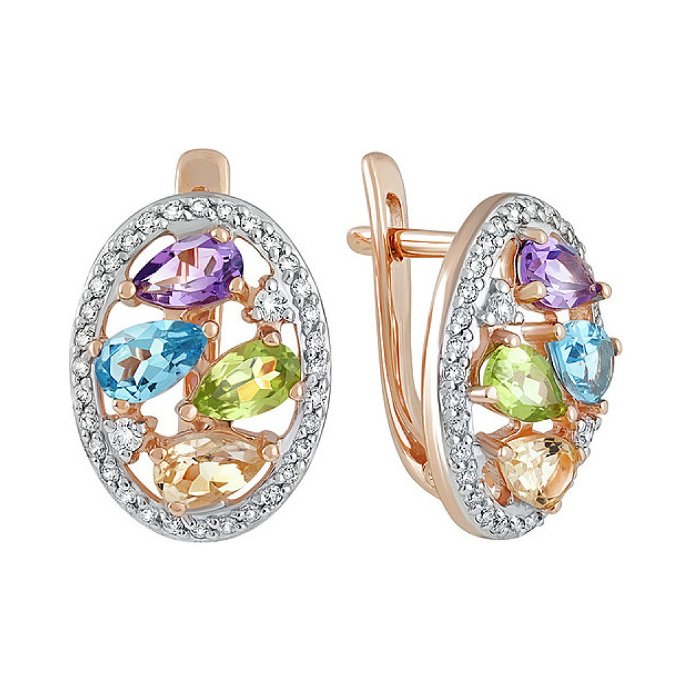 Золотые серьги с полудрагоценными вставками и фианитом № 135558