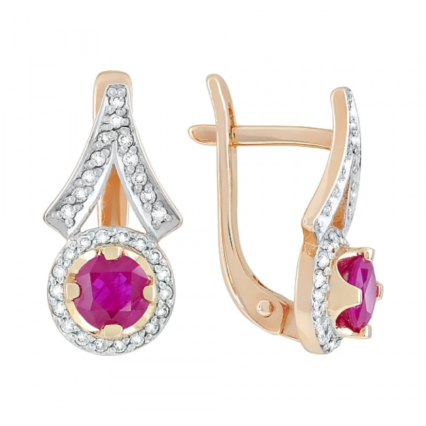 Золотые серьги с бриллиантом и рубином № 119131