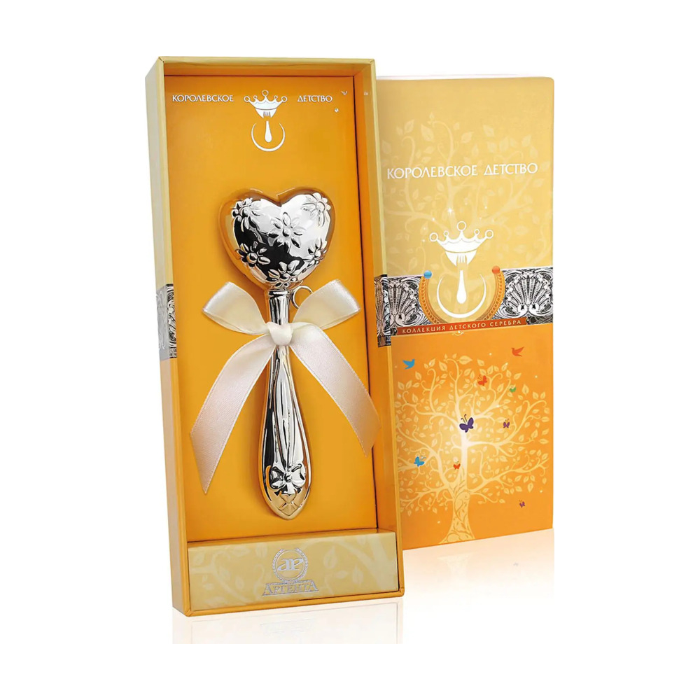 Погремушка Сердце с цветами из серебра 925 пробы