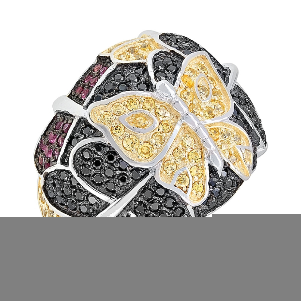 Серебряное кольцо с фианитом черным и золотым покрытием № 115642