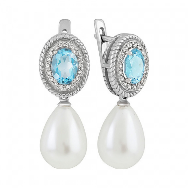 Серебряные серьги с топазом, перламутровым жемчугом и фианитом № 135296