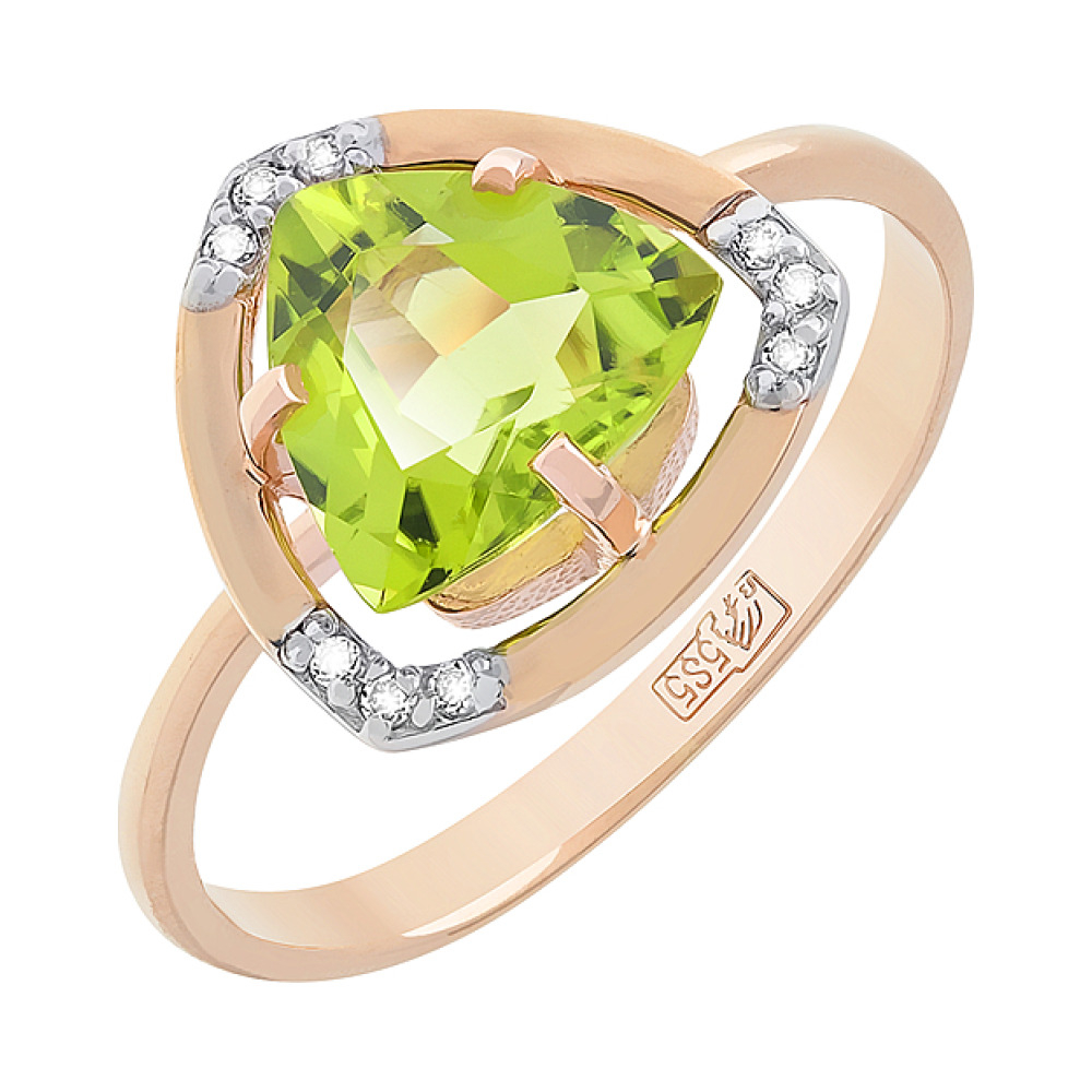 Золотое кольцо с хризолитом и фианитом № 78300