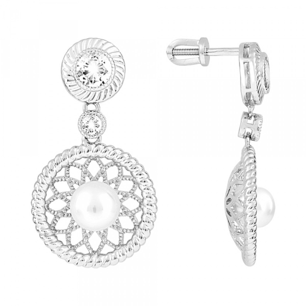 Серебряные серьги с имитац. жемчуга и фианитом № 112722