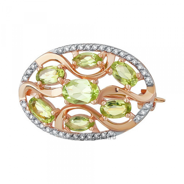 Золотая брошь с хризолитом и фианитом № 137294