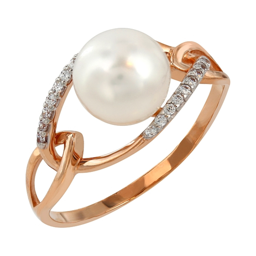 Золотое кольцо с жемчугом и фианитом № 107604