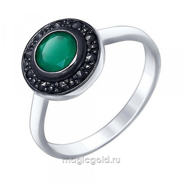 Серебряное кольцо с агатом, марказитом и черн. покрытием № 151488