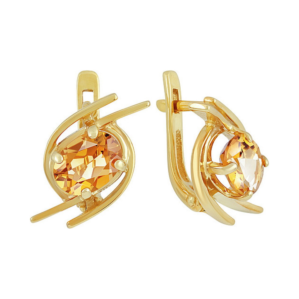 Серебряные серьги с цитрином и золотым покрытием № 135680