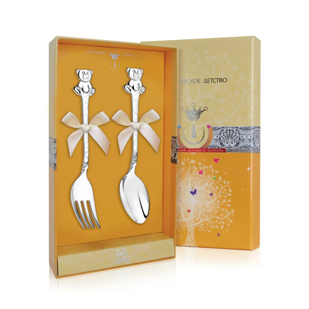Набор десертный Медведь : вилка и ложка из серебра 925 пробы