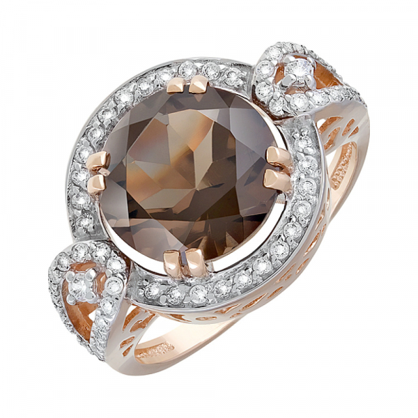 Золотое кольцо с раухтопазом и фианитом № 123082