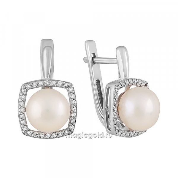 Серебряные серьги с жемчугом и фианитом № 151355
