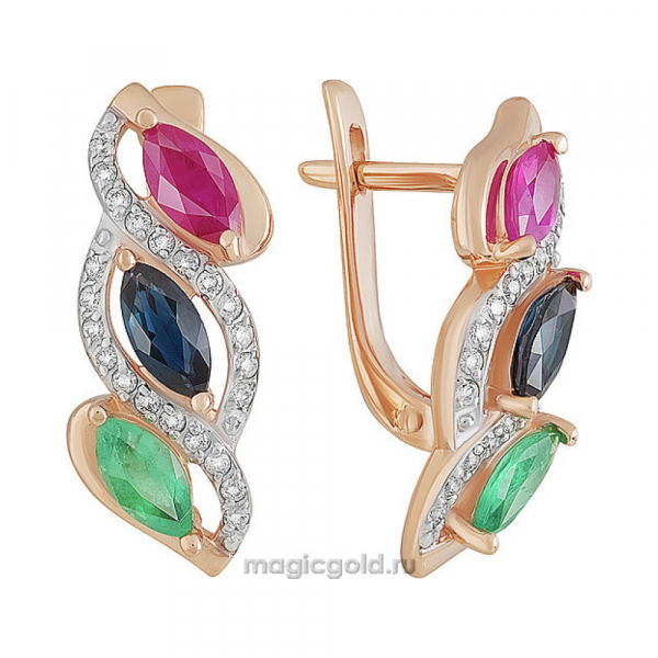 Золотые серьги с драгоценными вставками и бриллиантом № 156459