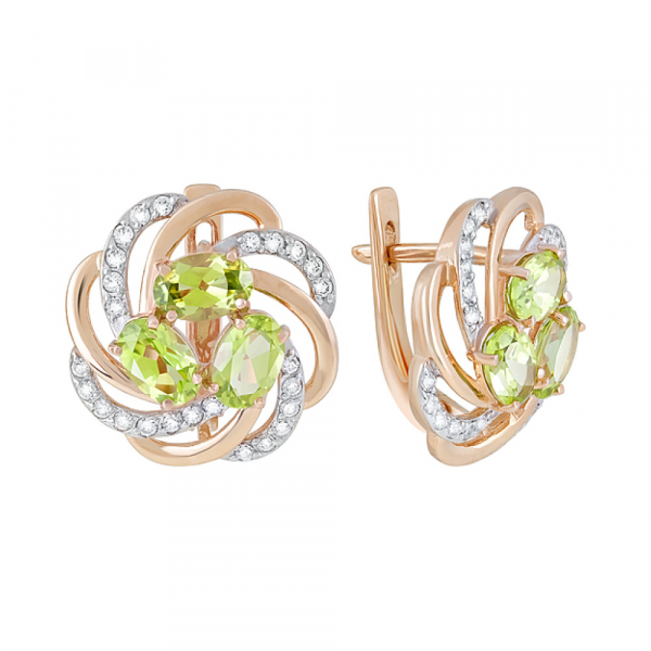 Золотые серьги с хризолитом и фианитом № 118036