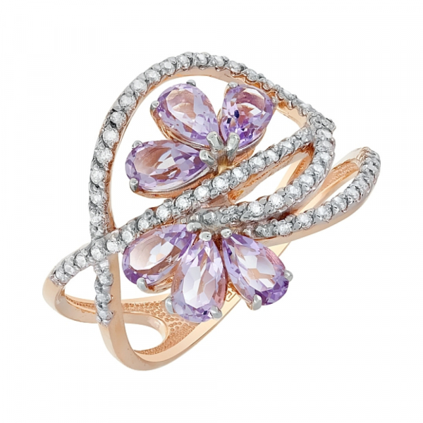 Золотое кольцо с аметистом и фианитом № 112594