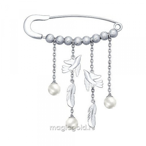 Серебряная брошь с имитацией жемчуга № 159967