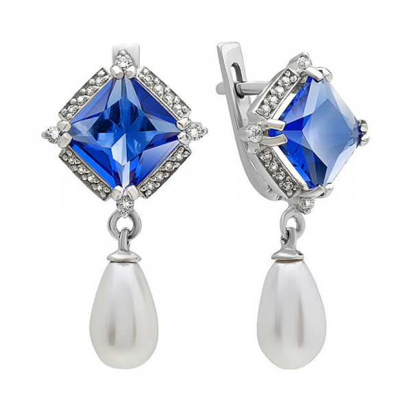 Серебряные серьги с алпанитом, перламутровым жемчугом и фианитом  № 134559