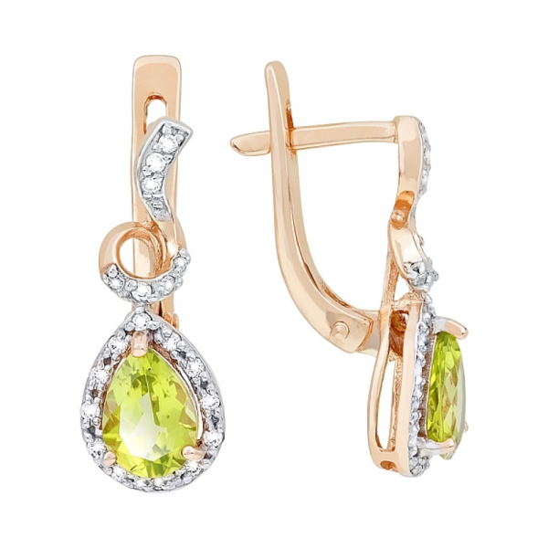 Золотые серьги с хризолитом и фианитом № 116961