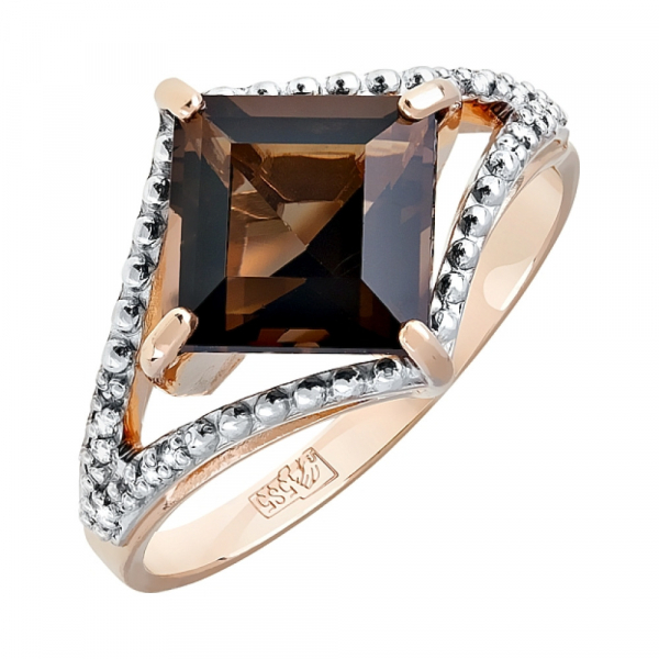 Золотое кольцо с раухтопазом и фианитом № 118225