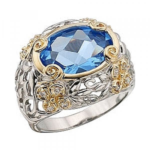 Серебряное кольцо с имит.шпинели,фианитом,золот.покрытием № 30888