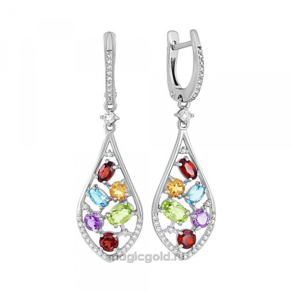 Серебряные серьги с полудрагоценными вставками и фианитом № 133707