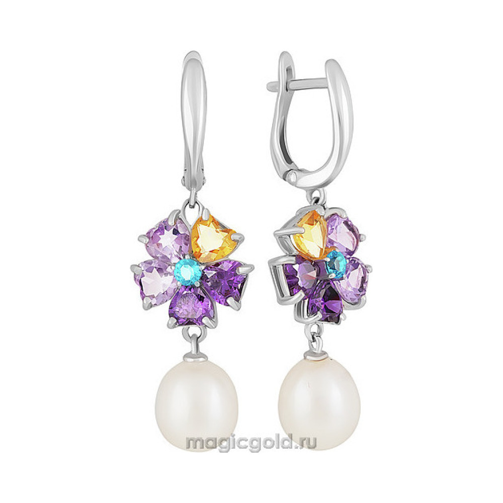 Серебряные серьги с аметистом, жемчугом,алпанитом и фианитом № 133602