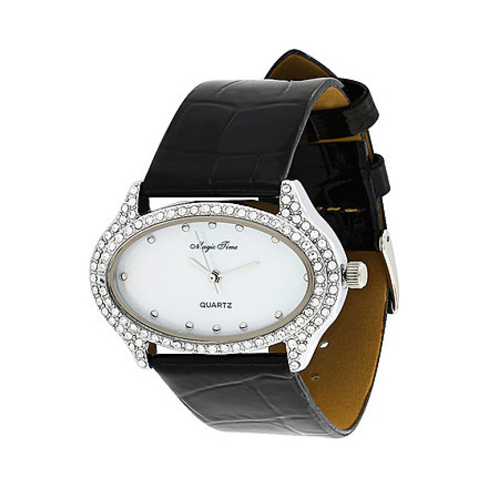Часы кварцевые Magic Time с фианитами и перламутром на черном ремешке № 85378