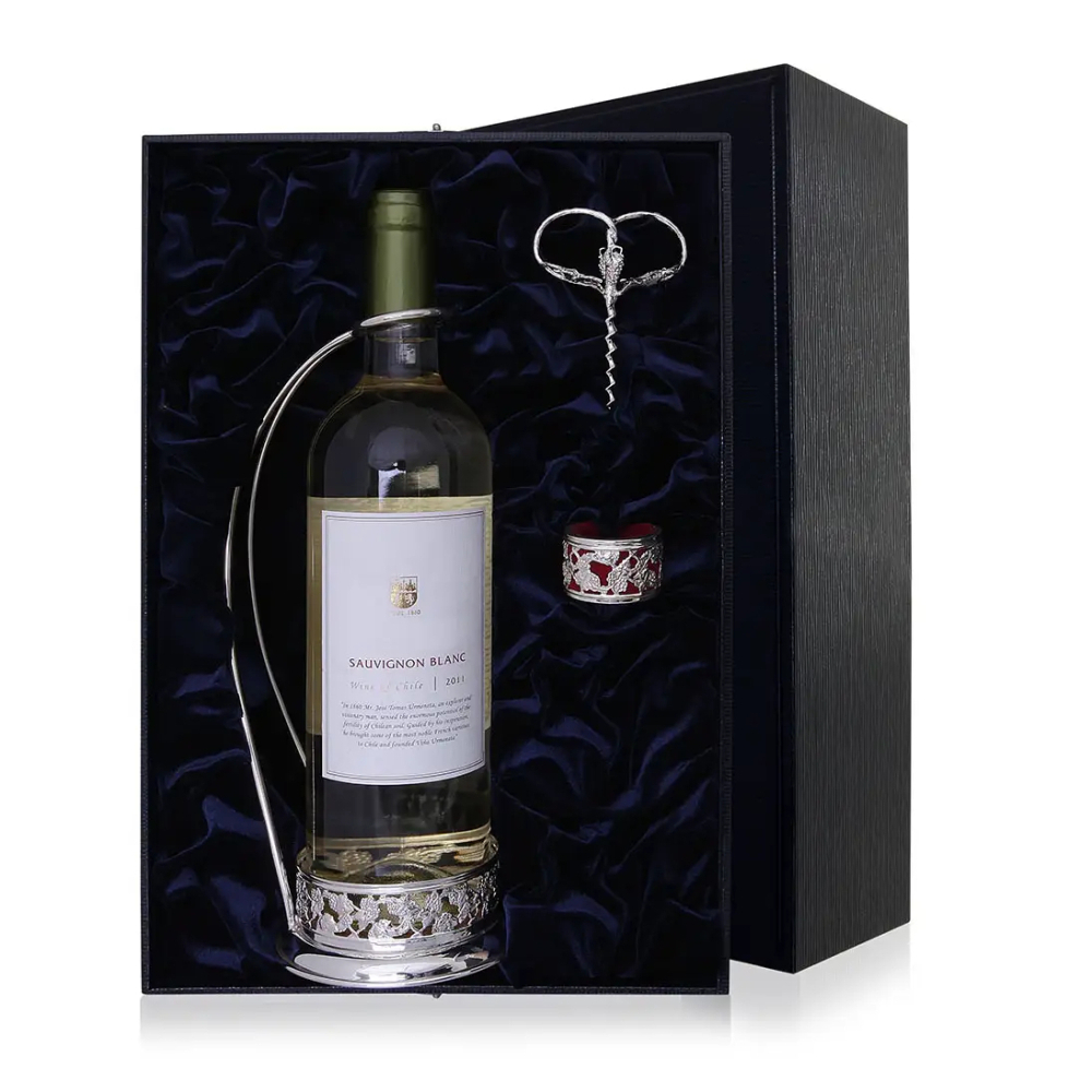 Набор Виноград: кольцо для бутылки, подставка,штопор из серебра 925 пробы