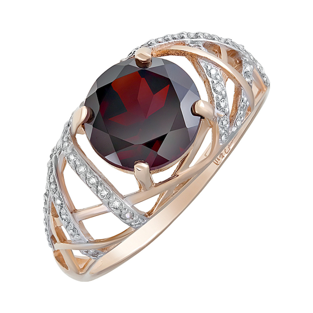 Золотое кольцо с гранатом и фианитом № 124068