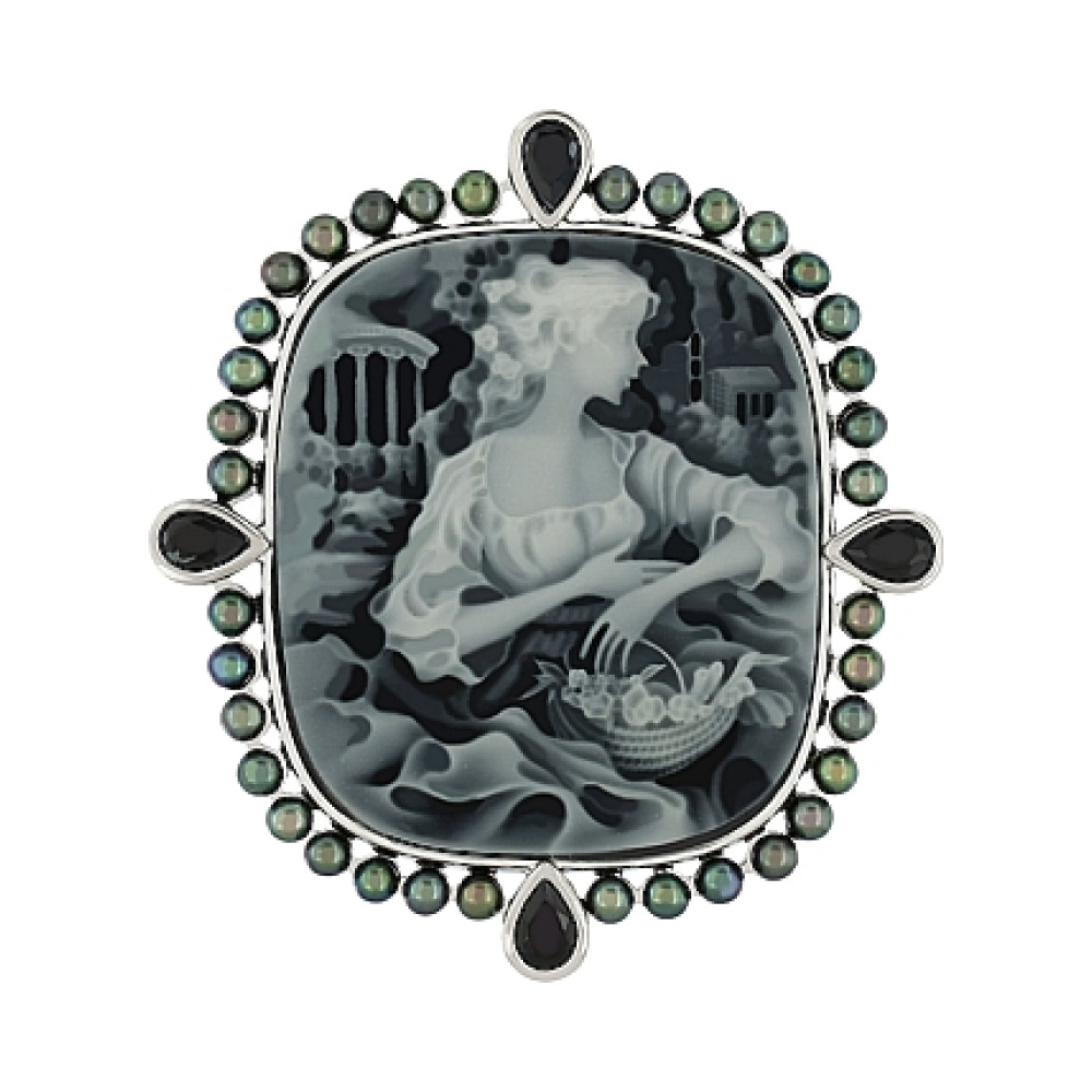 Серебряная брошь с фианитом,черным карбоном и имитац. жемчуга № 80520