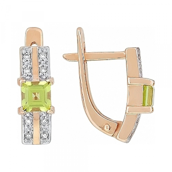 Золотые серьги с хризолитом и фианитом № 106908