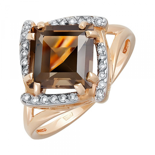 Золотое кольцо с раухтопазом и фианитом № 123083