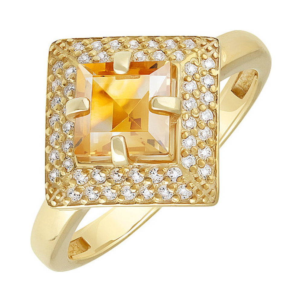 Серебряное кольцо с цитрином, фианитом и золотым покрытием № 133926